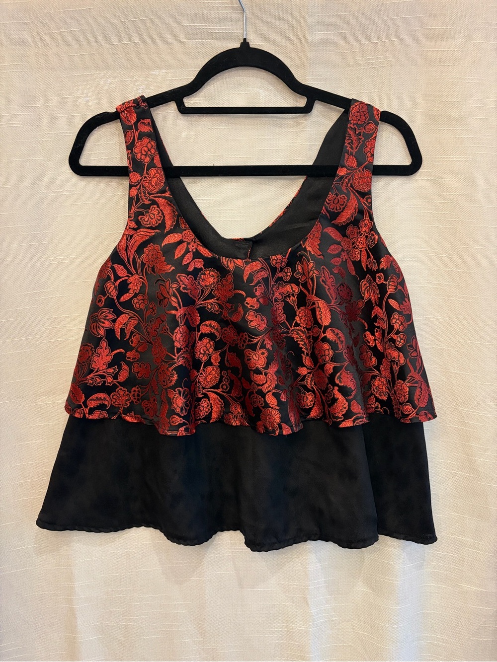 Floral Red Layered Sleeveless Blouse - Black Base